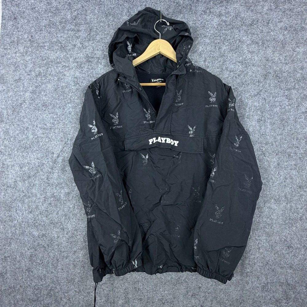 Playboy by PacSun Hooded Windbreaker Jacket Mens Medium Black Logo Streetwear